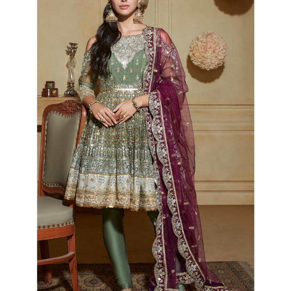 Chic Green and Purple Embellished Long Sleeve Dress